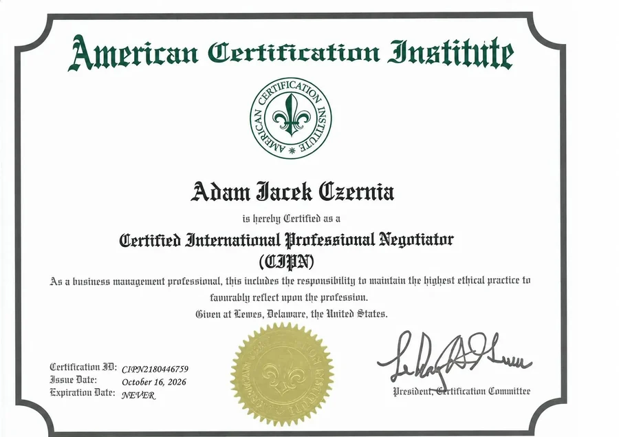 Certyfikat CIPN® wystawiony dla Adama Jacka Czerni przez American
Certification Institute, numer CIPN2180446759